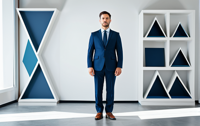 A determined professional person, fully clothed in a modest business suit, standing confidently and calmly amidst a dynamic array of abstract, shifting geometric shapes. The figure embodies mental flexibility and adaptability. The background is a bright, spacious, modern office environment with subtle, diffused lighting. High-quality professional photography, perfect anatomy, correct proportions, natural pose, well-formed hands, proper finger count, natural body proportions, safe for work, appropriate content, professional, family-friendly.